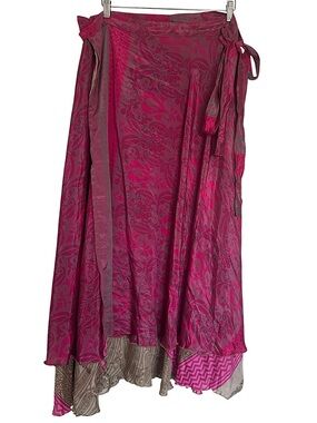 The Nomad’s Women’s Silk Pink Tan Wrap Skirt Maxi Boho 60x36 Adjustable Waist